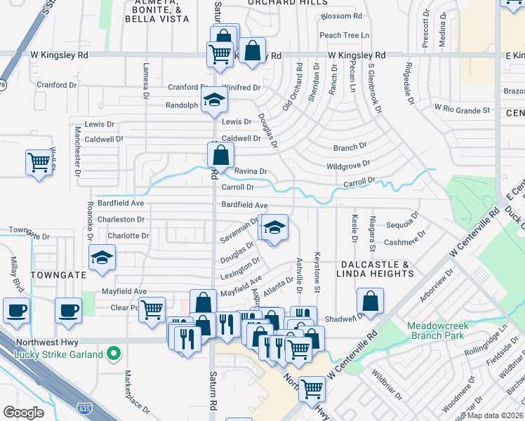 map of restaurants, bars, coffee shops, grocery stores, and more near 1201 Bardfield Avenue in Garland
