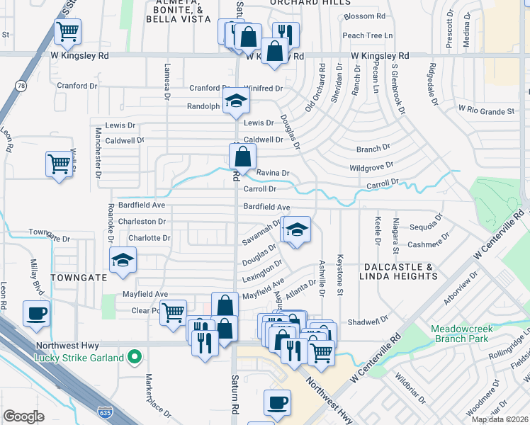 map of restaurants, bars, coffee shops, grocery stores, and more near 1234 Bardfield Avenue in Garland