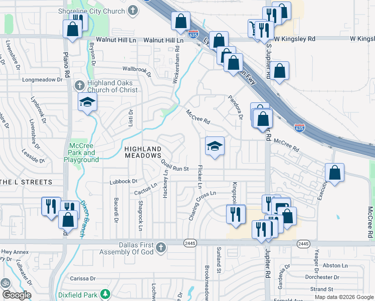 map of restaurants, bars, coffee shops, grocery stores, and more near 8927 Covey Court in Dallas