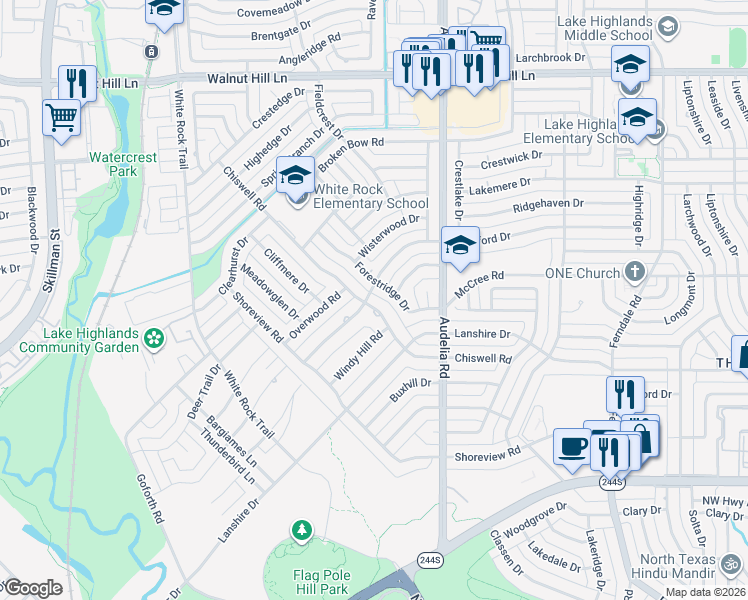 map of restaurants, bars, coffee shops, grocery stores, and more near 9535 Overwood Road in Dallas