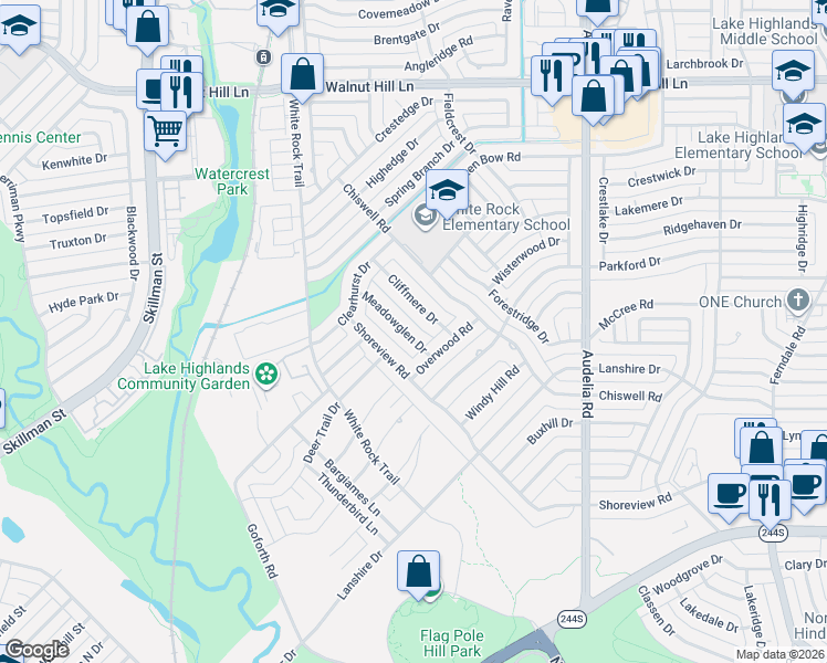 map of restaurants, bars, coffee shops, grocery stores, and more near 9261 Meadowglen Drive in Dallas