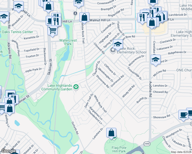 map of restaurants, bars, coffee shops, grocery stores, and more near 9235 Clearhurst Drive in Dallas