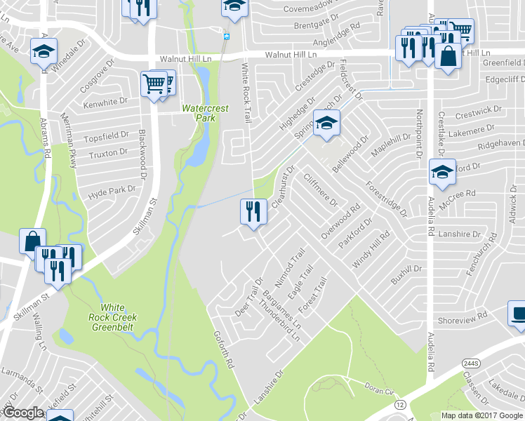 map of restaurants, bars, coffee shops, grocery stores, and more near 9235 Clearhurst Drive in Dallas