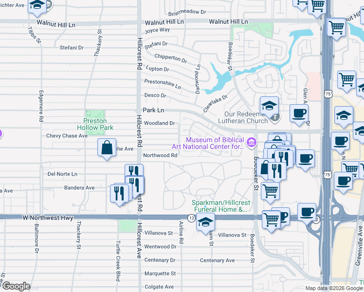 map of restaurants, bars, coffee shops, grocery stores, and more near 7319 Lane Park Court in Dallas