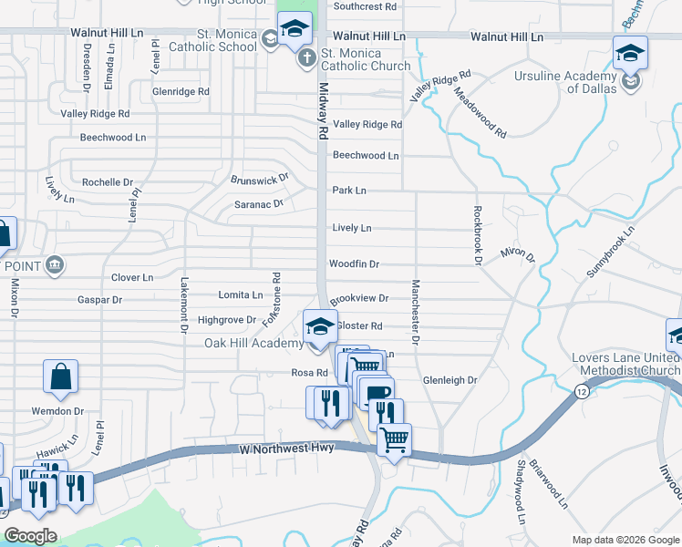 map of restaurants, bars, coffee shops, grocery stores, and more near 4230 Woodfin Drive in Dallas