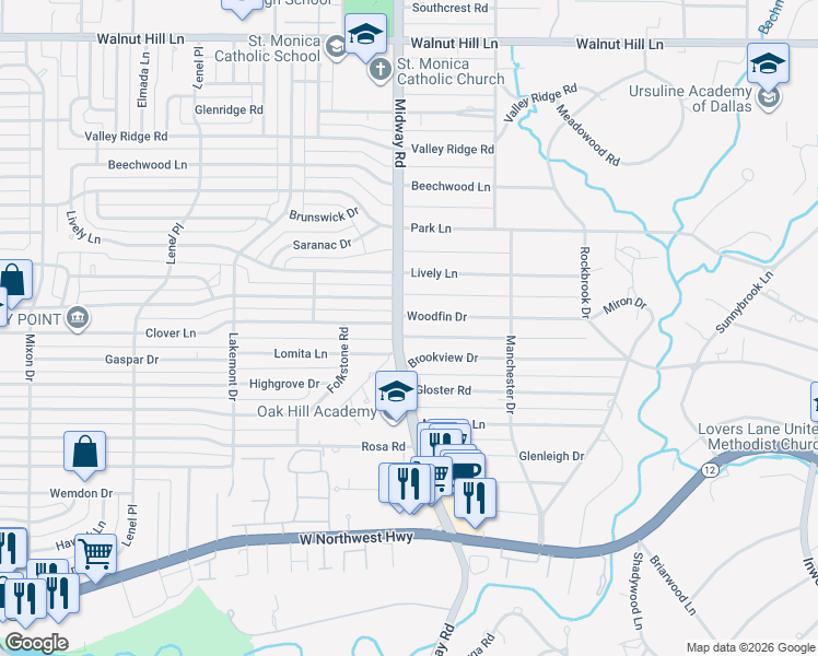 map of restaurants, bars, coffee shops, grocery stores, and more near 4175 Clover Lane in Dallas