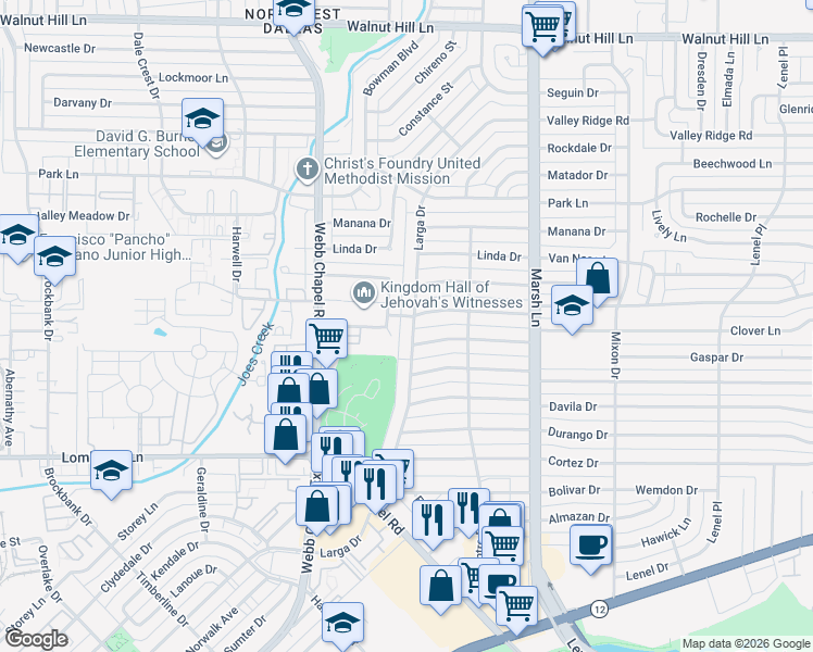 map of restaurants, bars, coffee shops, grocery stores, and more near 9681 Larga Drive in Dallas