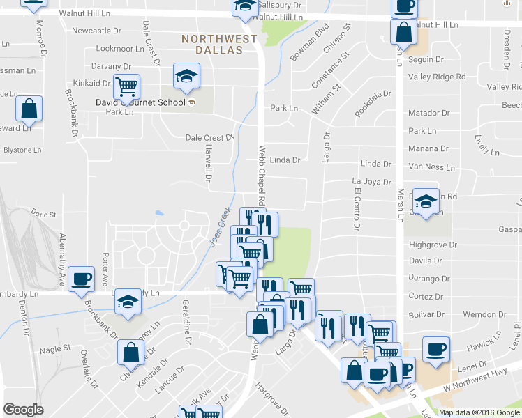 map of restaurants, bars, coffee shops, grocery stores, and more near 3411 Hidalgo Drive in Dallas