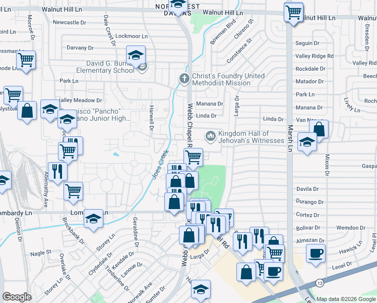 map of restaurants, bars, coffee shops, grocery stores, and more near 9825 Webb Chapel Road in Dallas