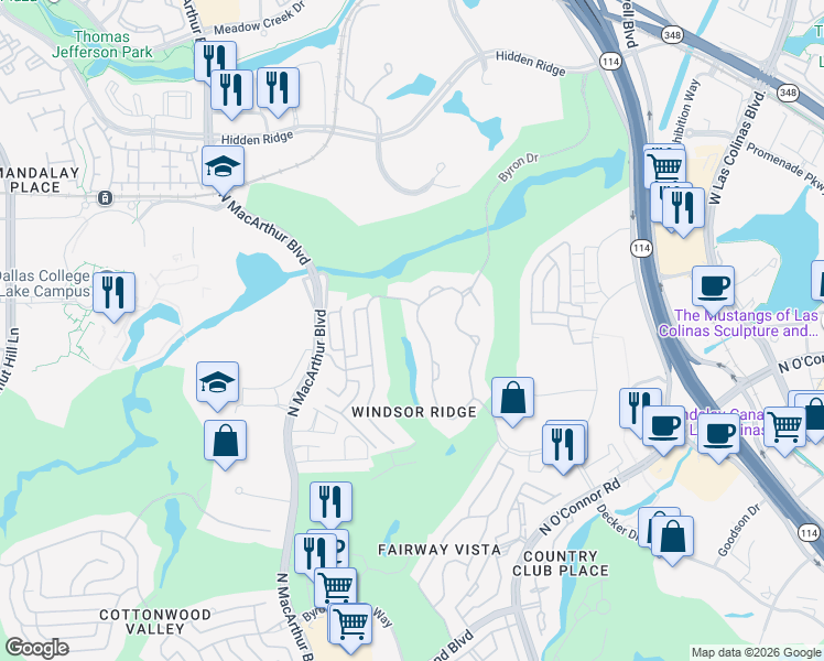 map of restaurants, bars, coffee shops, grocery stores, and more near 4708 Byron Circle in Irving