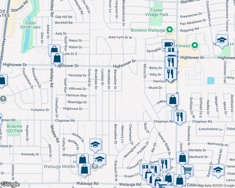 map of restaurants, bars, coffee shops, grocery stores, and more near 6841 Bernadine Street in Watauga
