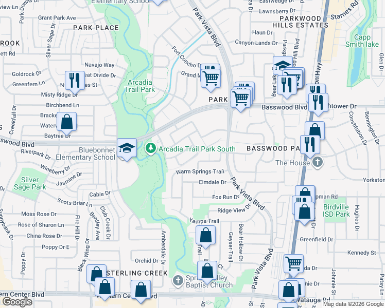 map of restaurants, bars, coffee shops, grocery stores, and more near 5141 Creek Bend Drive in Fort Worth
