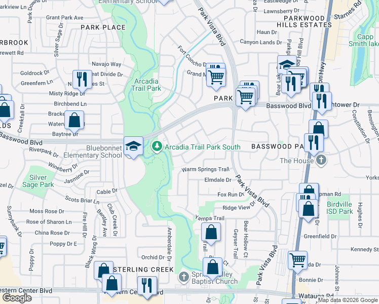 map of restaurants, bars, coffee shops, grocery stores, and more near 5117 Shell Creek Drive in Fort Worth