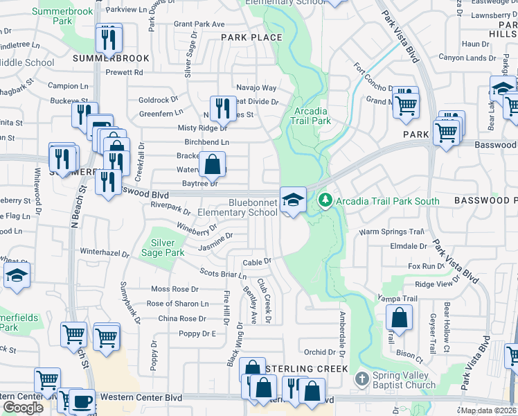 map of restaurants, bars, coffee shops, grocery stores, and more near 7333 Indiana Avenue in Fort Worth