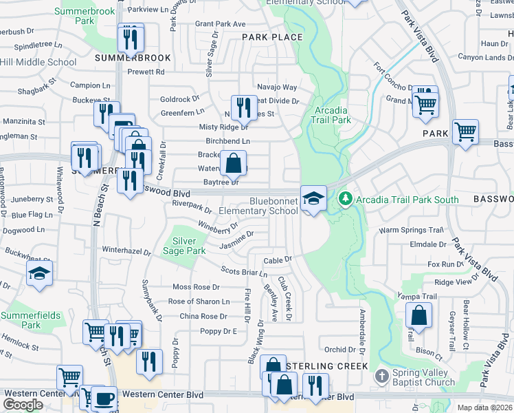 map of restaurants, bars, coffee shops, grocery stores, and more near 4758 Veronica Circle in Fort Worth