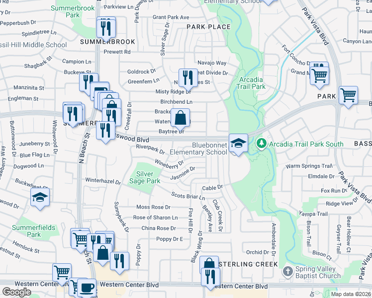 map of restaurants, bars, coffee shops, grocery stores, and more near 4725 Veronica Circle in Fort Worth