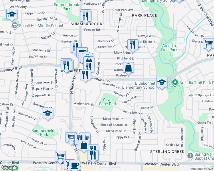 map of restaurants, bars, coffee shops, grocery stores, and more near 4625 Riverpark Drive in Fort Worth
