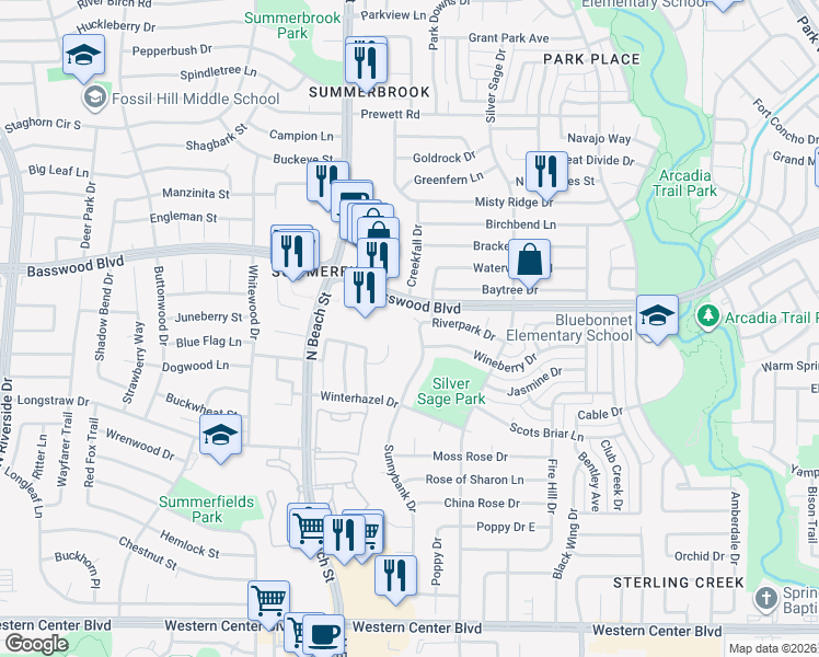 map of restaurants, bars, coffee shops, grocery stores, and more near 7317 Sunnybank Drive in Fort Worth