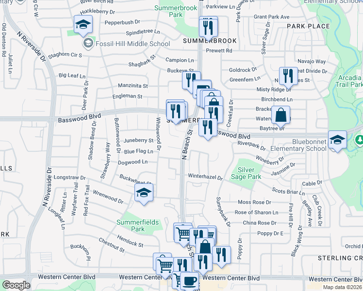 map of restaurants, bars, coffee shops, grocery stores, and more near 7205 Briarwyck Court in Fort Worth
