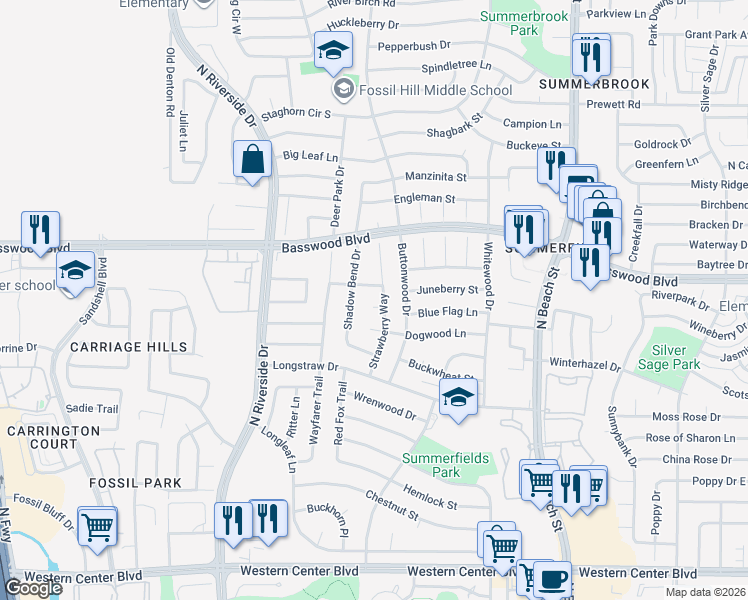 map of restaurants, bars, coffee shops, grocery stores, and more near 7212 Shadow Bend Drive in Fort Worth