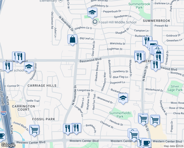 map of restaurants, bars, coffee shops, grocery stores, and more near 7221 Wayfarer Trail in Fort Worth