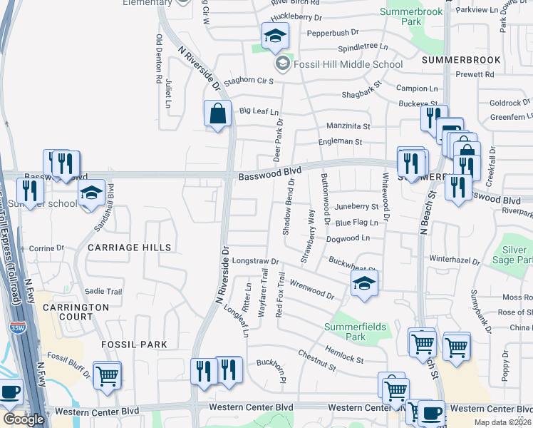 map of restaurants, bars, coffee shops, grocery stores, and more near 7221 Wayfarer Trail in Fort Worth