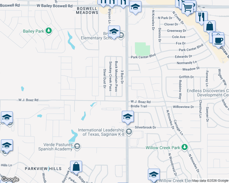 map of restaurants, bars, coffee shops, grocery stores, and more near 8217 3 Bars Drive in Fort Worth