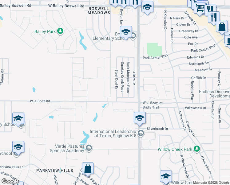 map of restaurants, bars, coffee shops, grocery stores, and more near 8208 Smokey Creek Pass in Fort Worth
