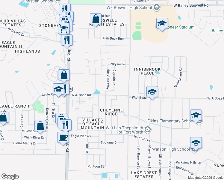 map of restaurants, bars, coffee shops, grocery stores, and more near 7408 Captain Lane in Fort Worth