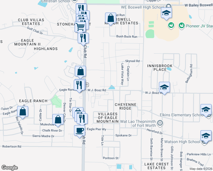 map of restaurants, bars, coffee shops, grocery stores, and more near 7405 Boat Wind Road in Fort Worth