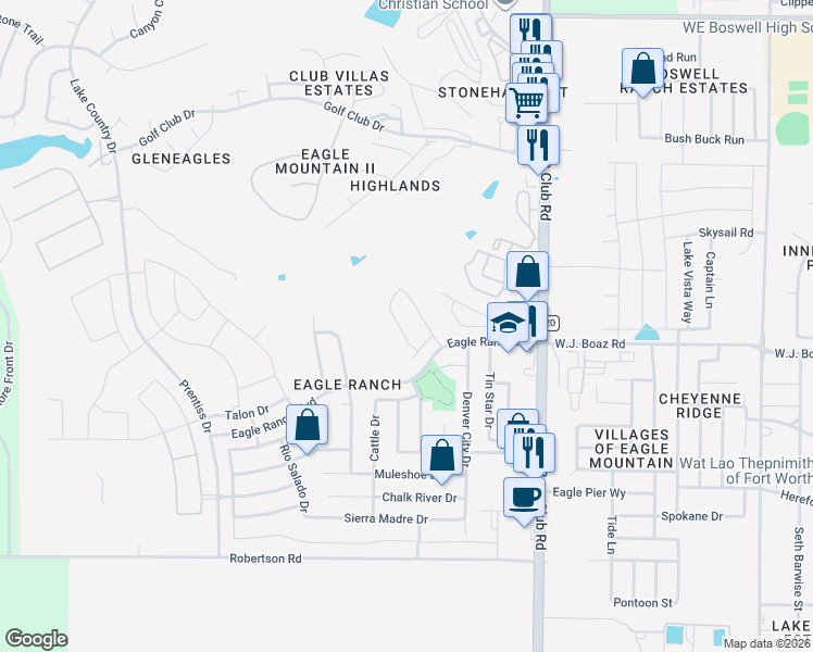 map of restaurants, bars, coffee shops, grocery stores, and more near 8021 Grand Junction Drive in Fort Worth