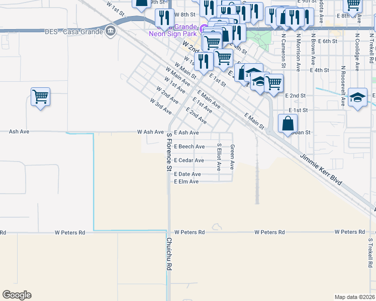 map of restaurants, bars, coffee shops, grocery stores, and more near 131 East Beech Avenue in Casa Grande