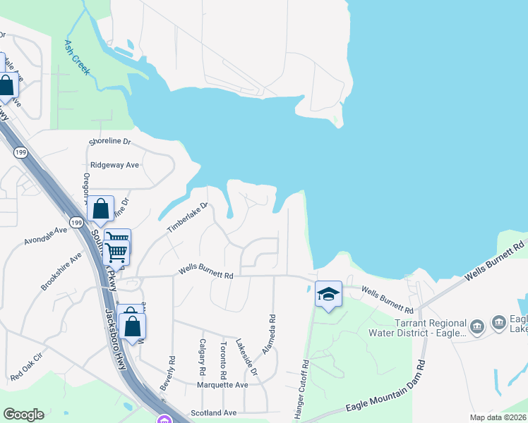 map of restaurants, bars, coffee shops, grocery stores, and more near 404 Timber Bay Court in Azle
