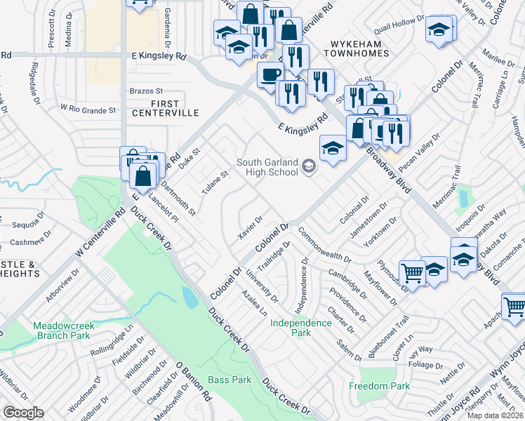 map of restaurants, bars, coffee shops, grocery stores, and more near 309 Xavier Drive in Garland