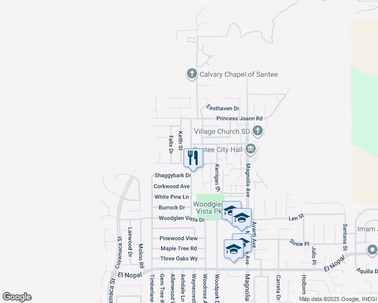map of restaurants, bars, coffee shops, grocery stores, and more near 10630 Ironwood Avenue in Santee