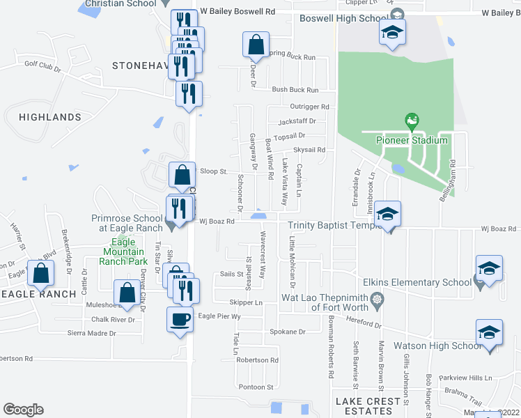 map of restaurants, bars, coffee shops, grocery stores, and more near 7405 Boat Wind Road in Fort Worth