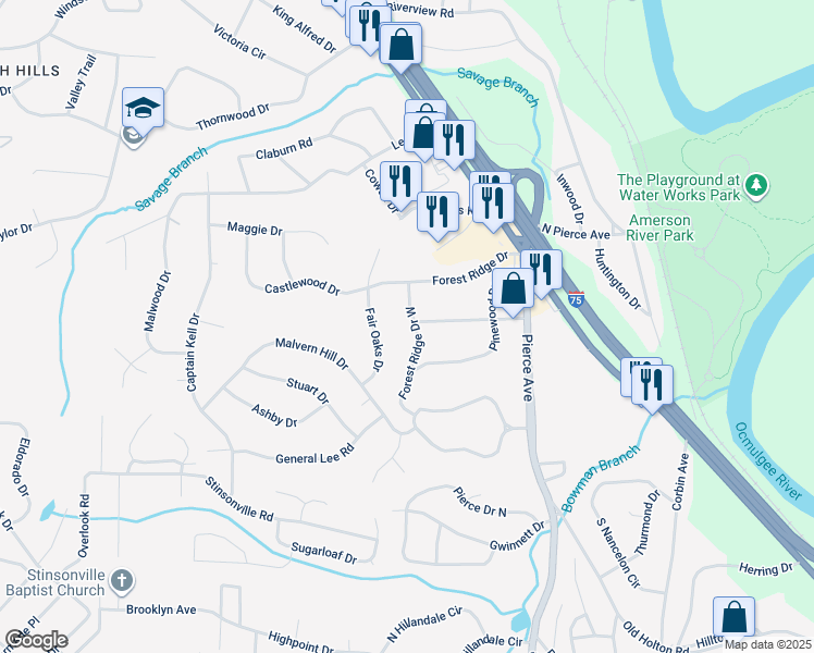 map of restaurants, bars, coffee shops, grocery stores, and more near 792 Forest Ridge Drive West in Macon