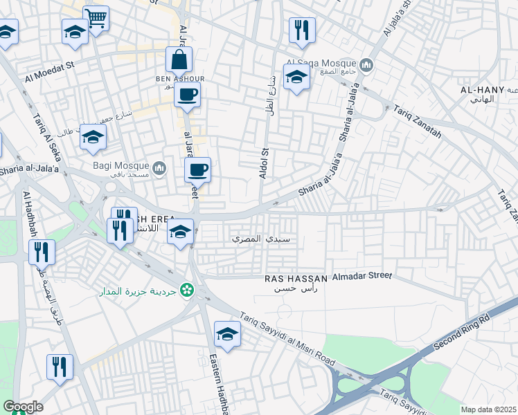 map of restaurants, bars, coffee shops, grocery stores, and more near Sharia al-Jala'a in Tripoli