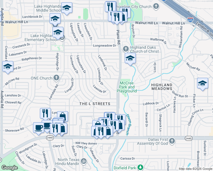 map of restaurants, bars, coffee shops, grocery stores, and more near 9012 Livenshire Drive in Dallas