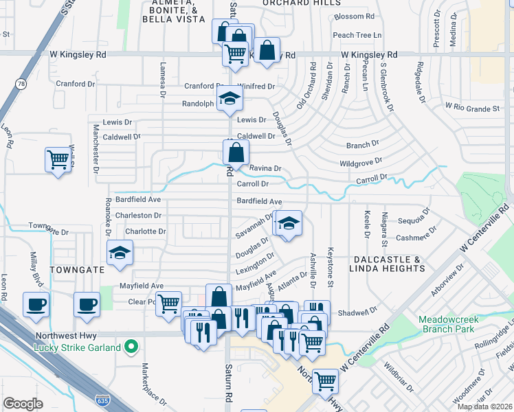 map of restaurants, bars, coffee shops, grocery stores, and more near 1234 Bardfield Ave in Garland