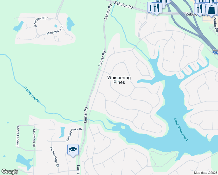 map of restaurants, bars, coffee shops, grocery stores, and more near 453 Table Mountain Drive in Macon