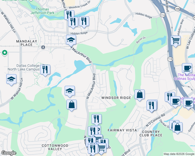 map of restaurants, bars, coffee shops, grocery stores, and more near 4625 Redwood Court in Irving