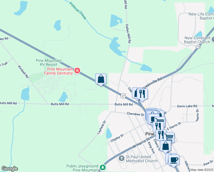 map of restaurants, bars, coffee shops, grocery stores, and more near 9066 Hamilton Road in Pine Mountain
