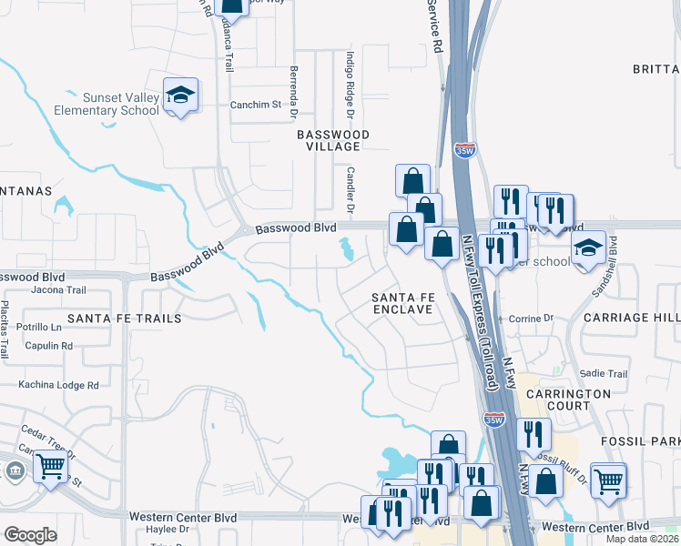 map of restaurants, bars, coffee shops, grocery stores, and more near 2700 Los Olivos Lane in Fort Worth