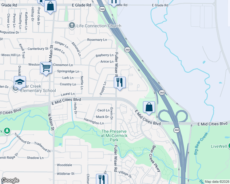 map of restaurants, bars, coffee shops, grocery stores, and more near 515 Parsley Lane in Euless