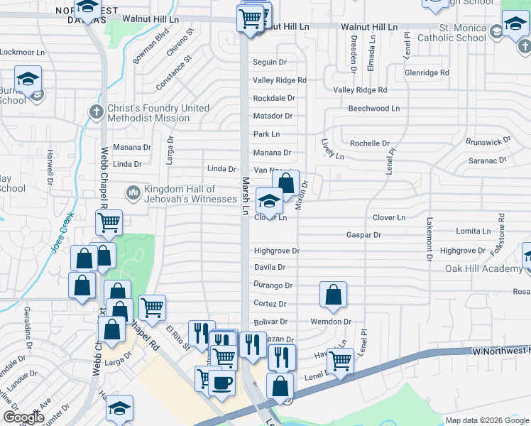 map of restaurants, bars, coffee shops, grocery stores, and more near 3727 Clover Lane in Dallas