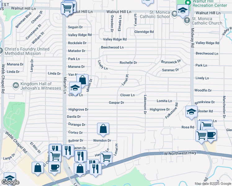 map of restaurants, bars, coffee shops, grocery stores, and more near 3893 Clover Ln in Dallas