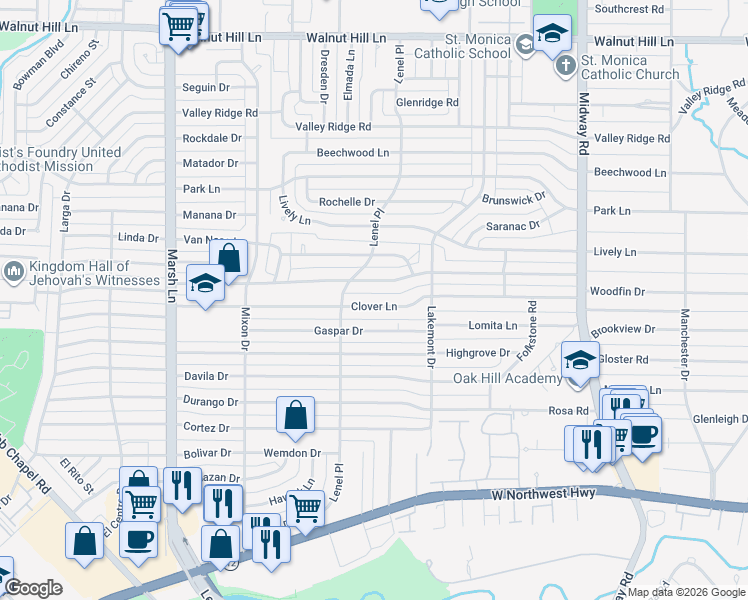 map of restaurants, bars, coffee shops, grocery stores, and more near 3935 Clover Lane in Dallas