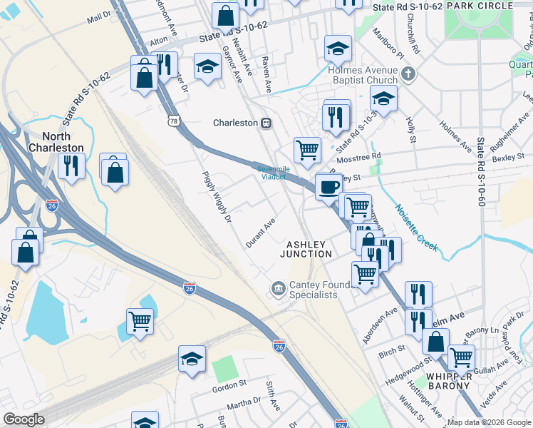 map of restaurants, bars, coffee shops, grocery stores, and more near 4311 North Jimtown Drive in North Charleston