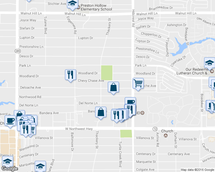 map of restaurants, bars, coffee shops, grocery stores, and more near 6623 Deloache Avenue in Dallas